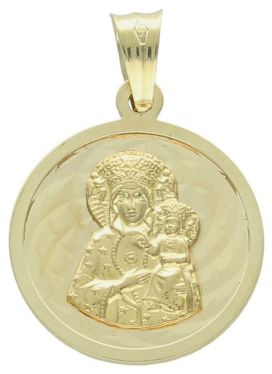 Złota zawieszka próby 585 z wizerunkiem Matki Boskiej z Dzieciątkiem. Wymiary 2 cm, waga 2,63 g. Klasyczny medalik religijny w eleganckiej formie.1.jpg